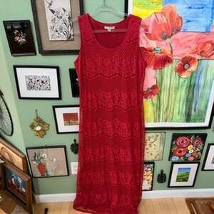 Sharagano Dress Women Sz 16 Red Lace Knit Maxi Sleeveless Noir Holiday Festive